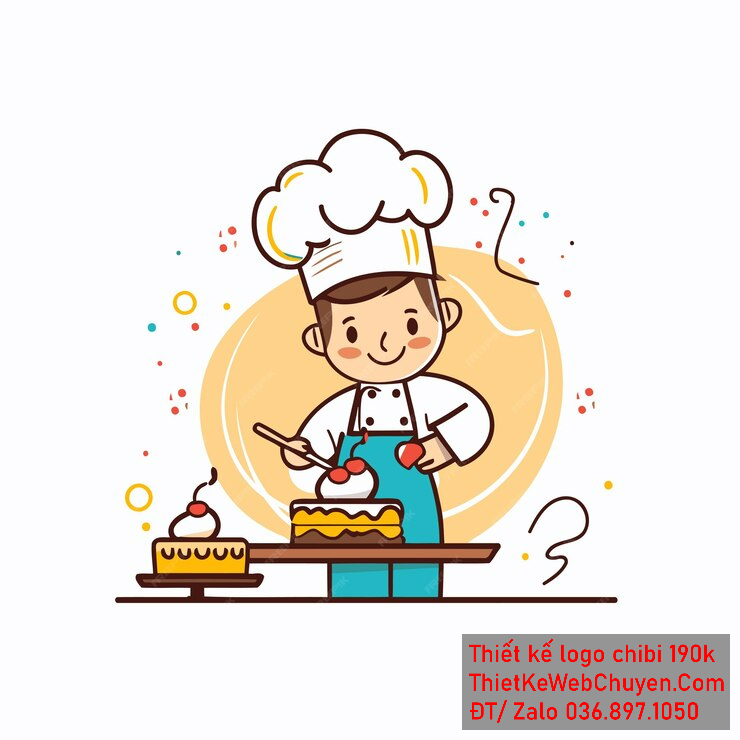 Vẽ chibi đầu bếp bé trai với áo trắng, tóc nâu, hành động trang trí bánh và biểu cảm mặt tập trung để thiết kế logo Vẽ chibi đầu bếp bé trai với áo trắng, tóc nâu, hành động trang trí bánh và biểu cảm mặt tập trung để thiết kế logo