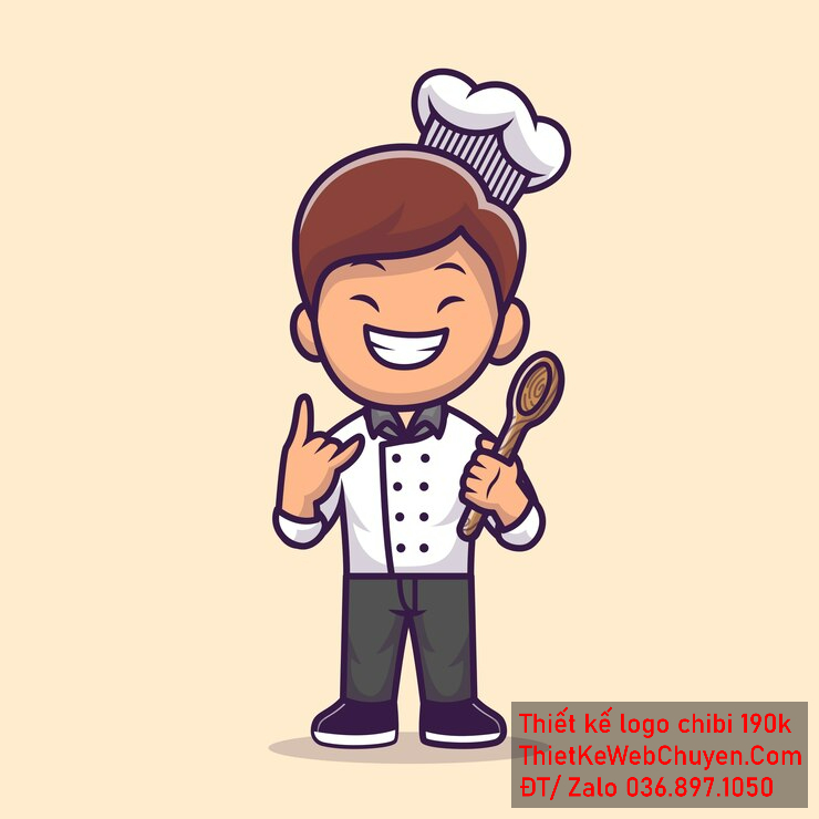 Vẽ chibi đầu bếp bé trai với áo trắng, tóc nâu, tay cầm muỗng và biểu cảm vui tươi để thiết kế logo Vẽ chibi đầu bếp bé trai với áo trắng, tóc nâu, tay cầm muỗng và biểu cảm vui tươi để thiết kế logo