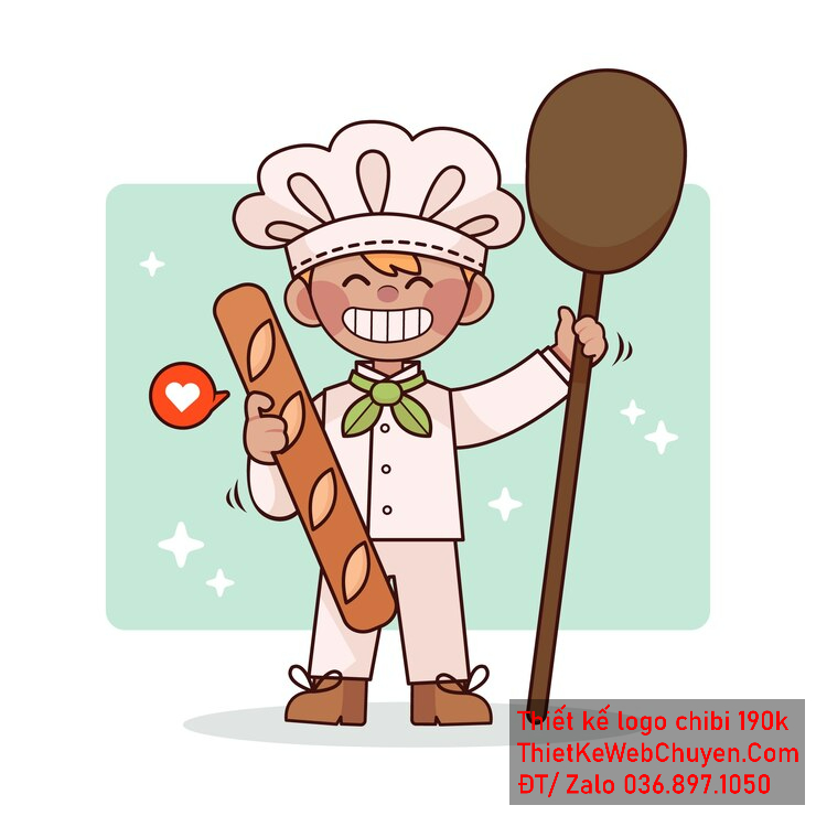 Vẽ chibi đầu bếp bé trai với áo trắng, tóc vàng, hành động cầm bánh mì và thìa lớn, biểu cảm khuôn mặt vui vẻ để thiết kế logo Vẽ chibi đầu bếp bé trai với áo trắng, tóc vàng, hành động cầm bánh mì và thìa lớn, biểu cảm khuôn mặt vui vẻ để thiết kế logo