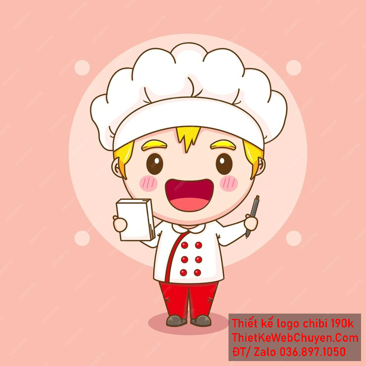 Vẽ chibi đầu bếp bé trai với áo trắng, tóc vàng, hành động cầm sổ và bút, biểu cảm khuôn mặt vui vẻ để thiết kế logo