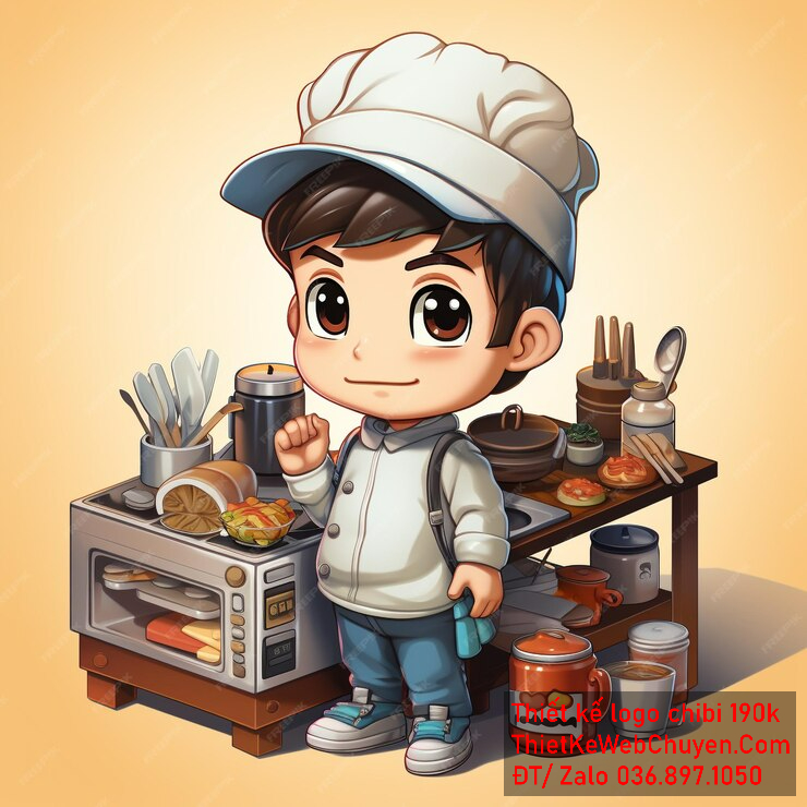 Vẽ chibi đầu bếp bé trai với áo xám, tóc đen, hành động đứng bên cạnh bếp và biểu cảm khuôn mặt tự tin để thiết kế logo