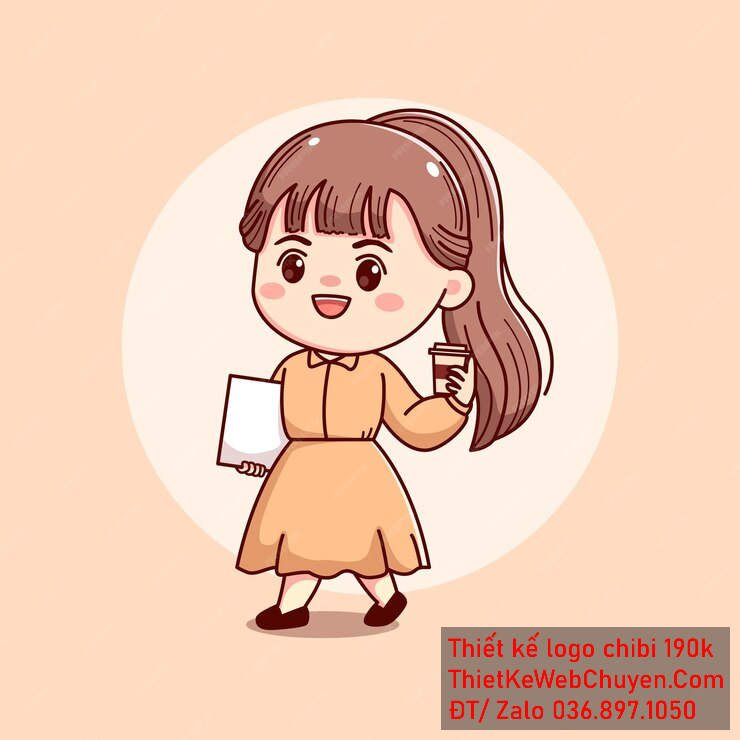 Vẽ chibi trà sữa bé gái màu tóc nâu màu áo cam cười tươi cầm ly cafe và hồ sơ để thiết kế logo Vẽ chibi trà sữa bé gái màu tóc nâu màu áo cam cười tươi cầm ly cafe và hồ sơ để thiết kế logo