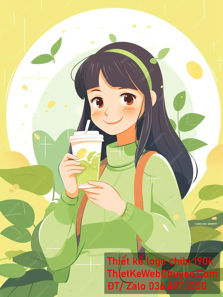 Vẽ chibi trà sữa bé gái tóc đen áo xanh lá cười mỉm cầm ly trà sữa để thiết kế logo