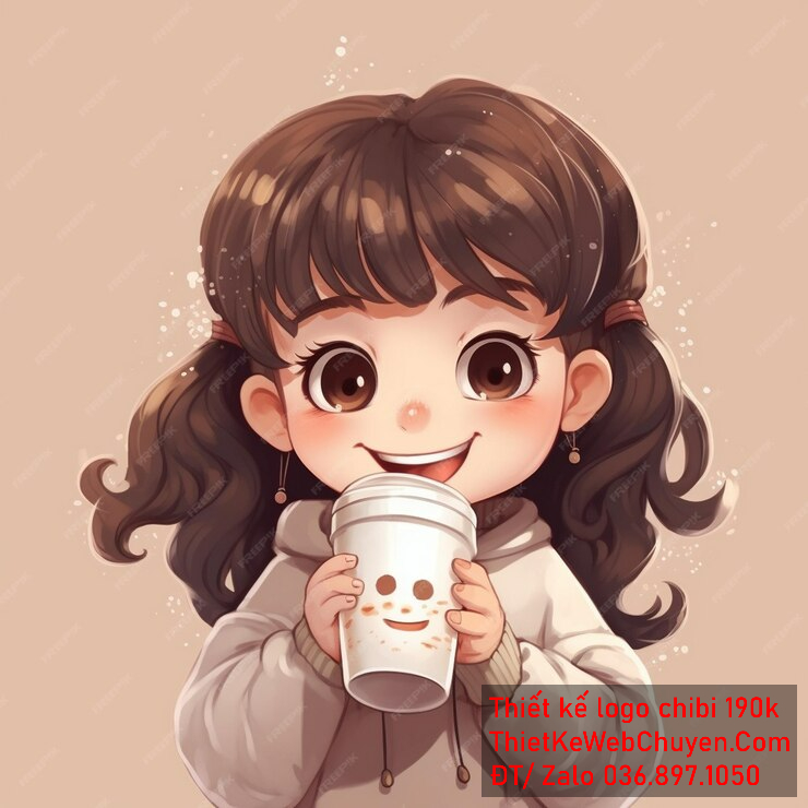 Vẽ chibi trà sữa bé gái tóc nâu áo xám cười tươi uống ly trà sữa để thiết kế logo Vẽ chibi trà sữa bé gái tóc nâu áo xám cười tươi uống ly trà sữa để thiết kế logo.