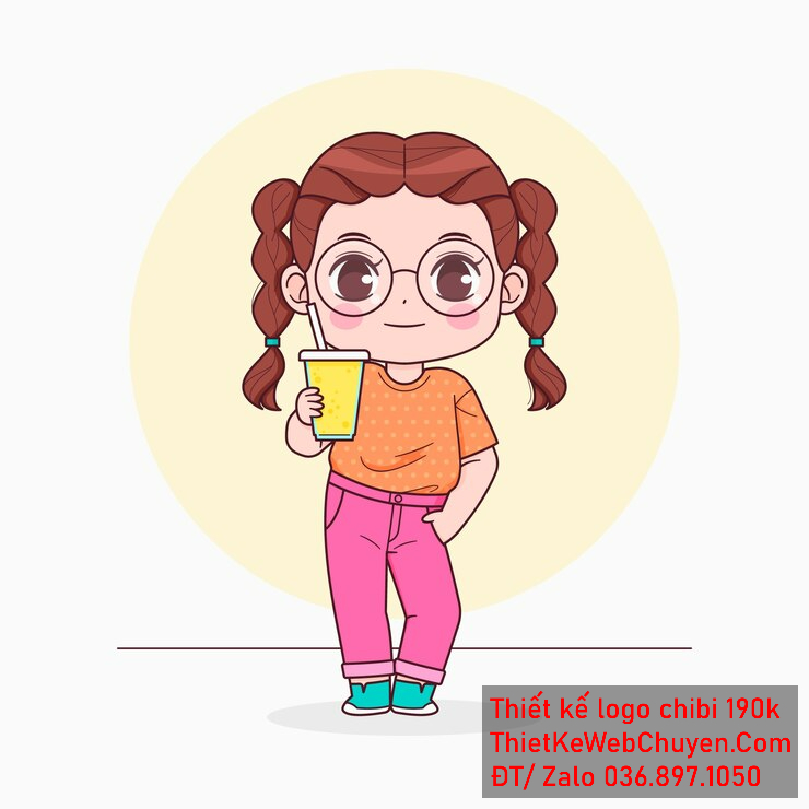 Vẽ chibi trà sữa bé gái tóc nâu đỏ áo cam quần hồng cầm ly nước vàng để thiết kế logo