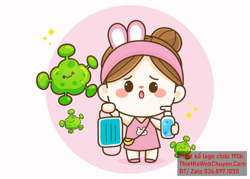 Vẽ chibi trà sữa bé gái tóc nâu váy hồng cầm khẩu trang và chai nước rửa tay để thiết kế logo. Vẽ chibi trà sữa bé gái tóc nâu váy hồng cầm khẩu trang và chai nước rửa tay để thiết kế logo