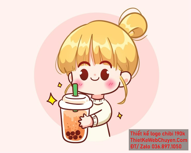 Vẽ chibi trà sữa bé gái tóc vàng áo trắng cầm ly trà sữa để thiết kế logo