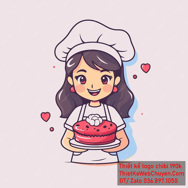 đầu bếp bé gái áo trắng, tóc đen dài, hành động cầm bánh kem, biểu cảm tươi cười đầu bếp bé gái áo trắng, tóc đen dài, hành động cầm bánh kem, biểu cảm tươi cười