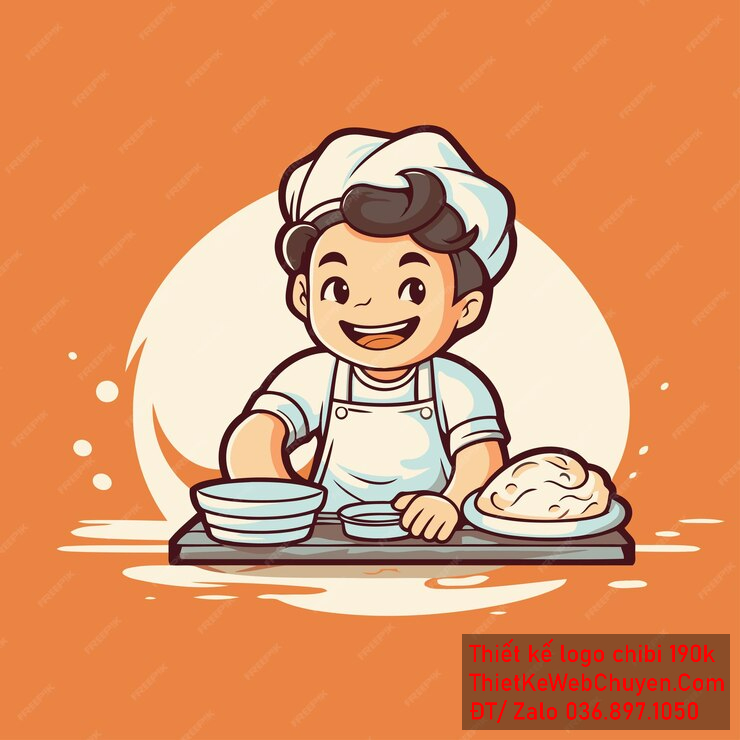 Vẽ chibi đầu bếp bé trai với áo trắng, tóc đen, hành động chuẩn bị nguyên liệu, biểu cảm khuôn mặt tươi cười để thiết kế logo Vẽ chibi đầu bếp bé trai với áo trắng, tóc đen, hành động chuẩn bị nguyên liệu, biểu cảm khuôn mặt tươi cười để thiết kế logo