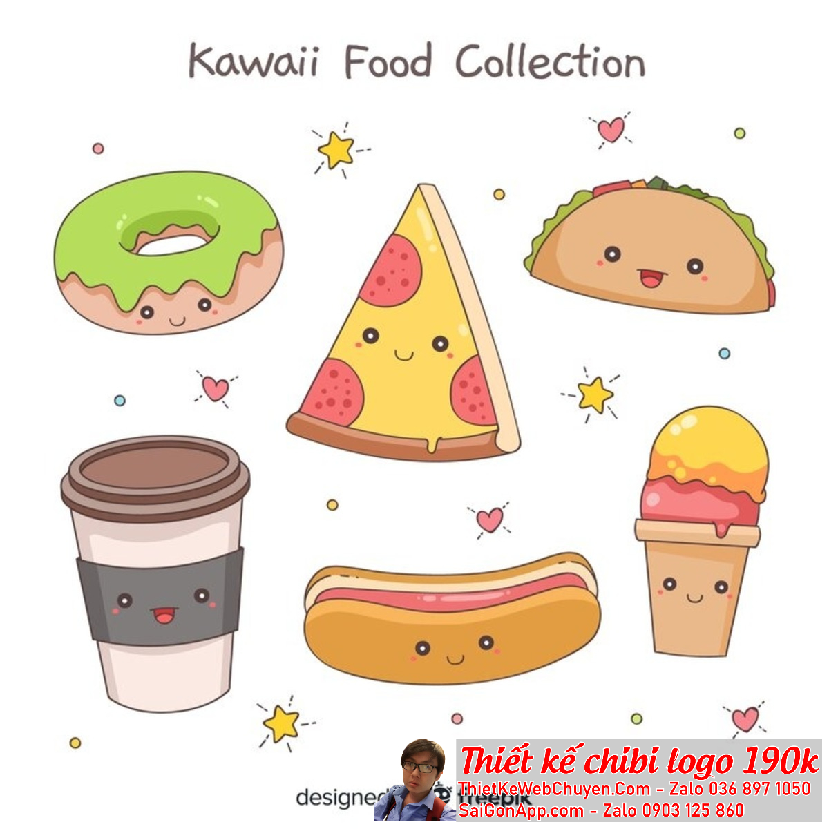 Mẫu thiết kế logo chibi cute ăn vặt hàng quán thường đi kèm với các yếu tố đặc trưng của ngành ẩm thực như đồ ăn và đồ uống.