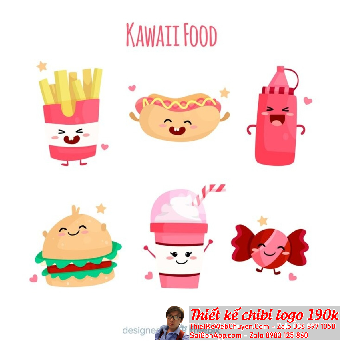 Logo chibi cute ăn vặt hàng quán có thể được tạo ra để phản ánh đặc tính riêng của từng loại đồ ăn và đồ uống.