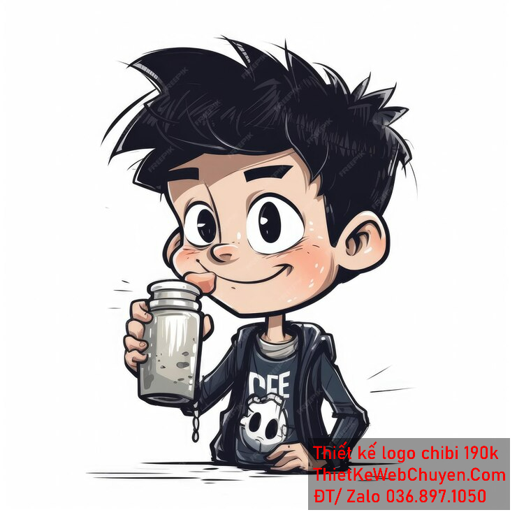 vẽ chibi trà sữa bé trai áo đen cầm bình trà sữa để thiết kế logo