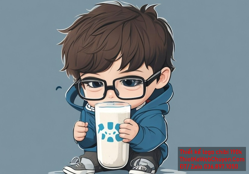 vẽ chibi trà sữa bé trai áo xanh đeo kính để thiết kế logo