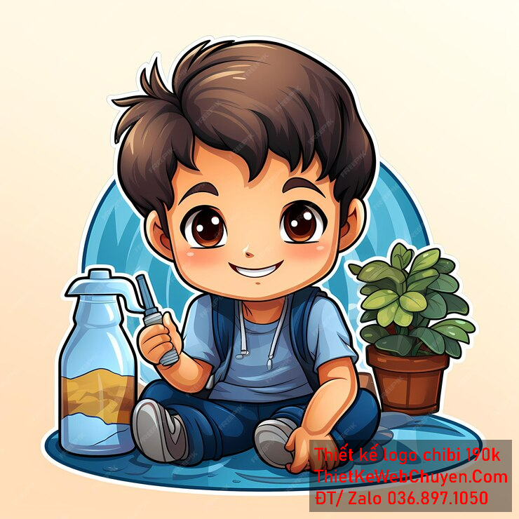 vẽ chibi trà sữa bé trai đang ngồi tươi cười để thiết kế logo
