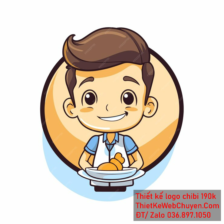 vẽ chibi trà sữa bé trai phục vụ tươi cười để thiết kế logo