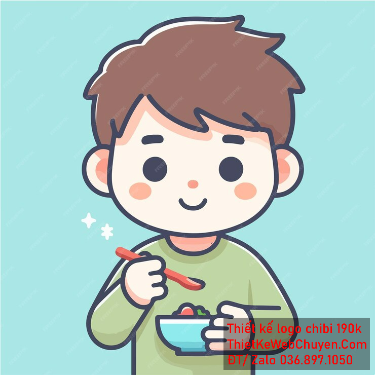 vẽ chibi trà sữa bé trai tóc nâu ăn cơm để thiết kế logo
