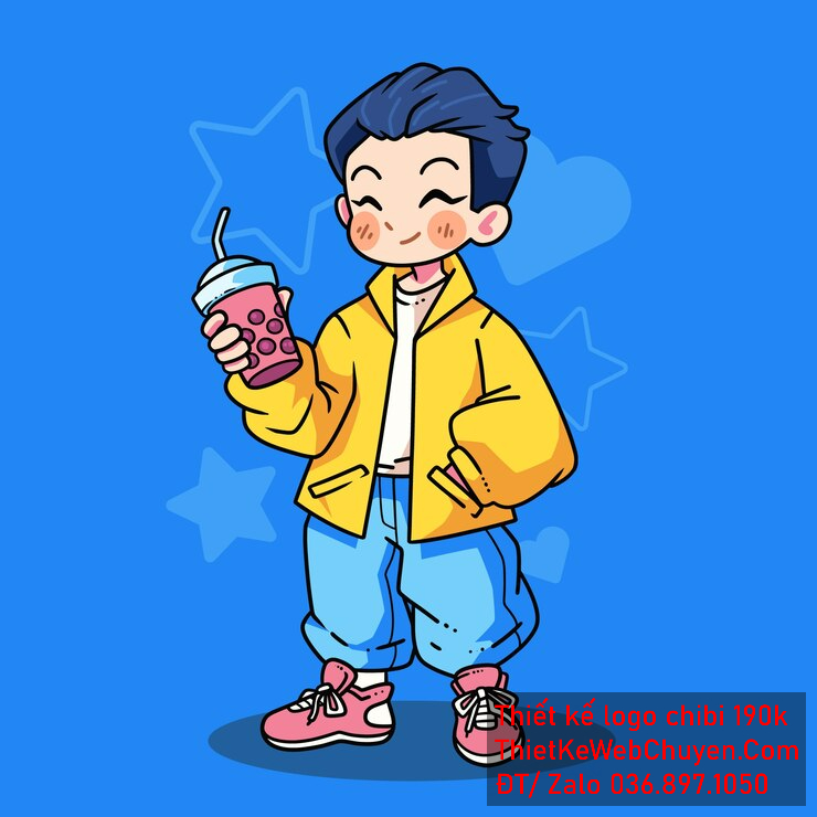 vẽ chibi trà sữa bé trai tóc xanh áo khoác vàng cầm ly trà sữa để thiết kế logo
